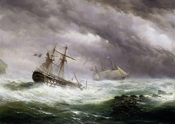 The HMS 'Endymion' rescuing a French ship caught in the storm in 1803. Oil on canvas, circa 1850-1855, by Ebenezer Colls (1812-1887)