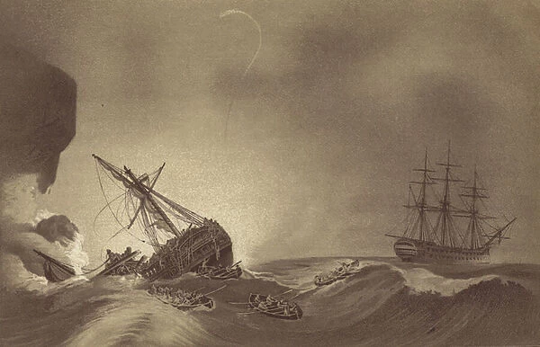 HMS Impetueux, commanded by Captain Thomas Byam Martin, rescuing the crew of HMS Venerable, under the command of Captain J Hunter, wrecked in Torbay, Devon, 24 November 1804 (litho)