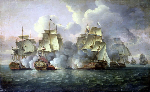 HMS 'Mediator' engaging French and American vessels, 11-12 December 1782, 1783 (oil on canvas)
