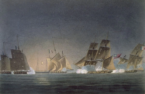 HMS Rinaldo engaging four French Privateers, engraved by J