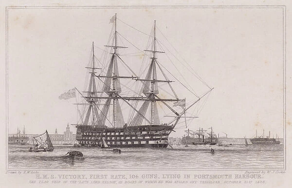 HMS Victory, first rate, 104 guns, lying in Portsmouth Harbour (engraving)