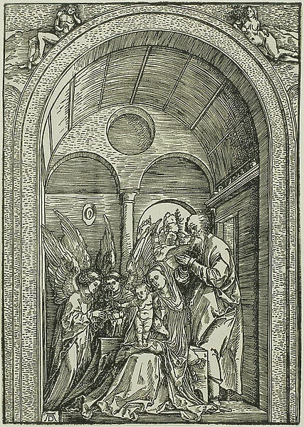 The Holy Family with Two Angels in a Vaulted Hall, 1503-04 (woodcut in black on ivory laid paper)
