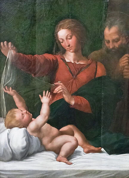 Holy family, also known as Madonna del popolo, Madonna di Loreto or Madonna del velo, 1512 circa, Raffaello Sanzio and workshop (oil on panel)