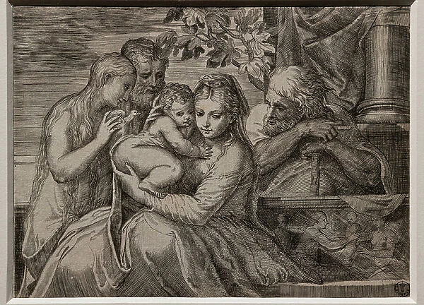 Holy Family with two saints, 1550-56 (burin & etching on white paper)