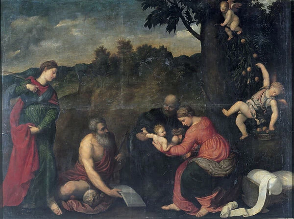 The Holy Family with Saints Jerome, Catherine of Alexandria and Angels (oil on canvas)