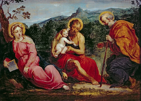 Holy Family and St. John the Baptist, after an original by Paris Bordone (oil on panel)