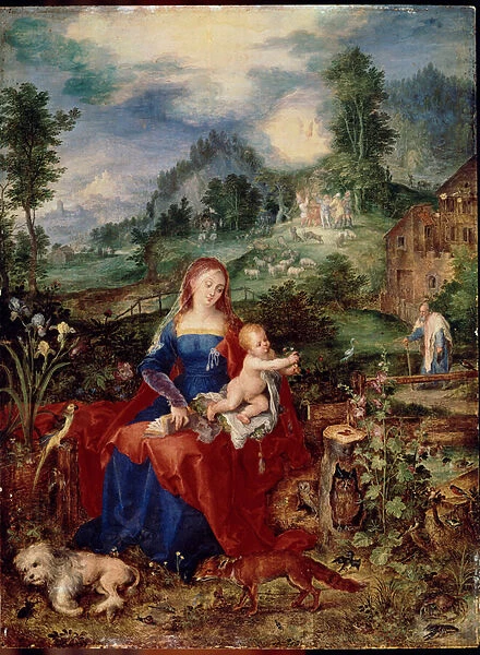 The Holy Family with Virgin animals leafing through a book, and holding the child Jesus