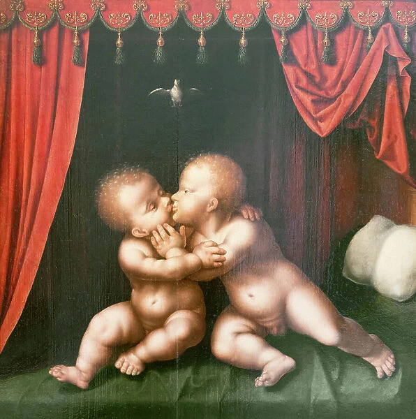 Holy infants St John the Baptist and Christ embracing, 1540, Joos van Cleve and workshop, after Leonardo da Vinci (oil on panel)