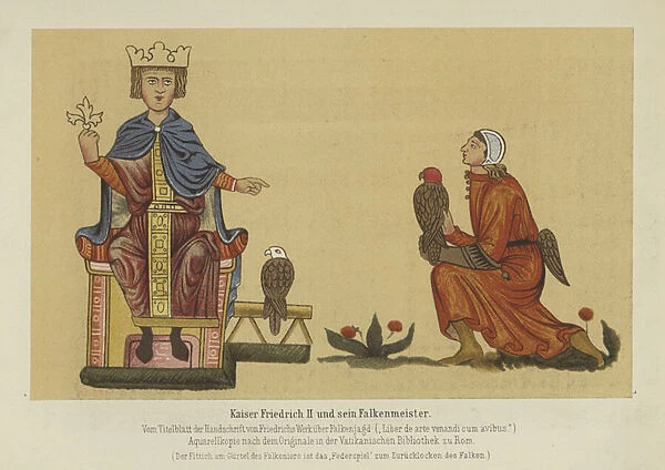 Holy Roman Emperor Frederick II and his Master of Falcons, 13th Century (colour litho)