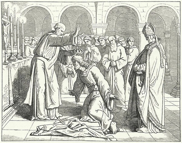 The Holy Roman Emperor Henry II receiving a blessing at the Monastery of St Vitus in Verdun, 1014 (engraving)