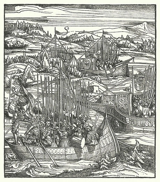 The Holy Roman Emperor Maximilian I with his fleet at La Spezia, Italy, 1496 (engraving)