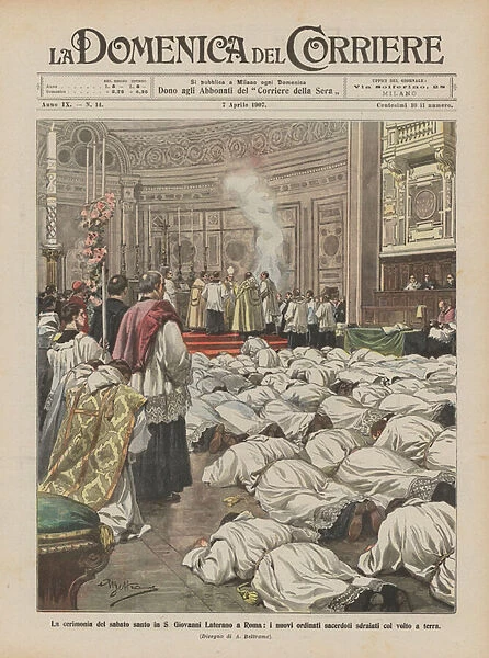 The Holy Saturday ceremony in St John Lateran in Rome, the new ordained priests lying with their faces on the ground (colour litho)