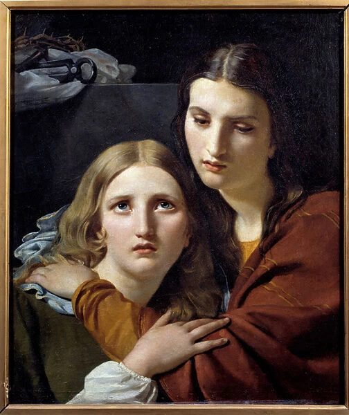 Holy women meditating with objects of passion. Devotion scene of two young women. Painting by Joseph Navez (1787-1869) 19th century Sun. 0, 64x0, 54 m Paris musee du Louvre