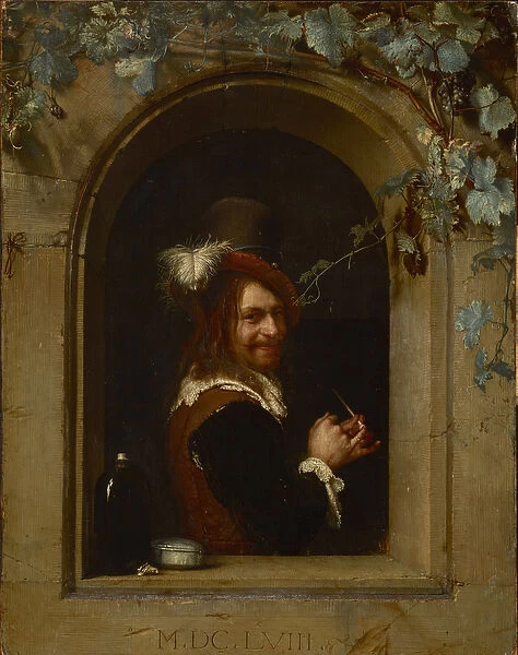 Homme avec une pipe a une fentre - Man with pipe at a window, by Mieris