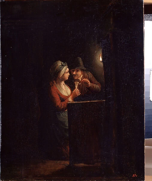 Un homme et une femme a la lueur d une chandelle (A man and a woman at candlelight). Peinture de Godfried Cornelisz Schalcken (1643-1706). Huile sur toile, 31 x 25 cm. art hollandais, art baroque