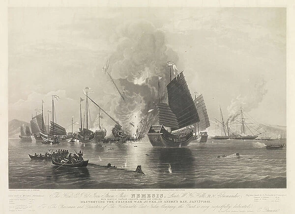 The Hon. E.I. Co. Iron Steam Ship Nemesis, ... with boats of Sulphur, Calliope, Larne and Starling, destroying the Chinese War Junks, in Anson's Bay, Jany 7th 1841 (Chuenpee near Canton), 1843 (aquatint, etching)