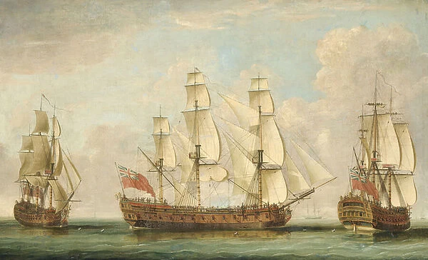 The Honourable [East India] Companys ship Bessborough in three positions in the Channel with her decks crowded with people (oil on canvas)