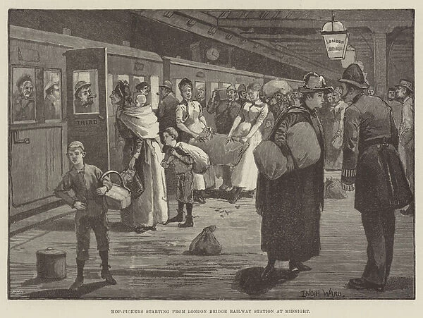 Hop-Pickers starting from London Bridge Railway Station at Midnight (engraving)