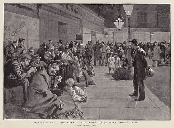 Hop pickers waiting outside London Bridge Station for the midnight train to Kent (litho)