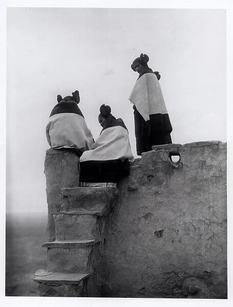 Three Hopi women at the top of adobe steps, New Mexico, c. 1906 (b  /  w photo)