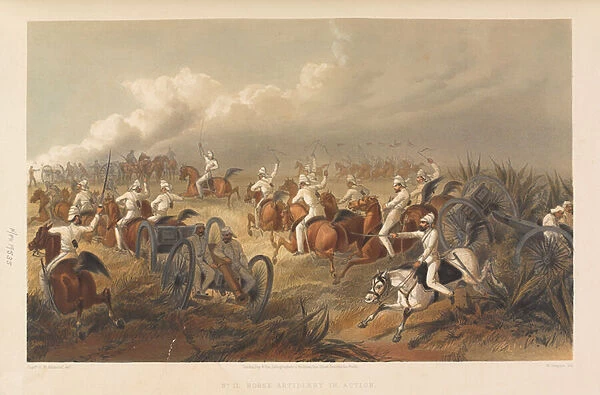 Horse Artillery in Action, 1857 circa (coloured lithograph)