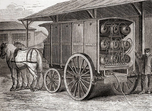 Horse drawn vehicle used to transport compressed gas in portable containers in the 19th