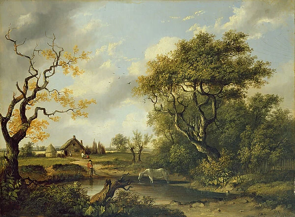 Horse Drinking at a Pond (oil on panel)