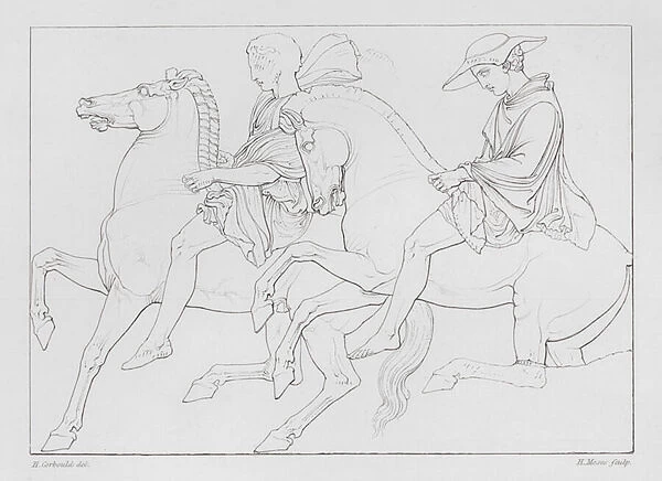 Horsemen, ancient Greek marble relief from the Parthenon Frieze (engraving)