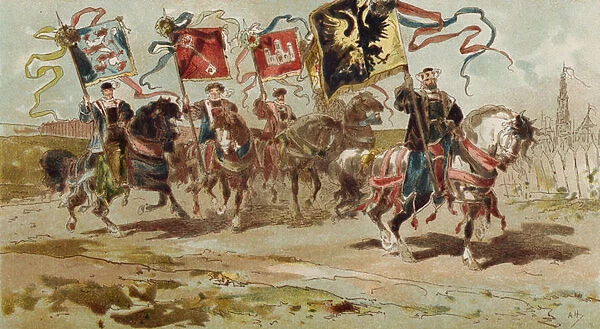 Horsemen carrying banners of the Hanseatic League and some of its member cities, Spanish Netherlands, 16th Century (colour litho)