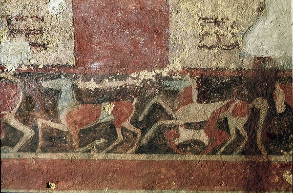 Horses and rider. (Detail of fresco, 510 BC)