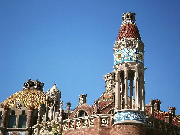 Hospital (hospital) Sant Pau de Barcelona (Barcelona) designed by the Catalan architect Lluis Domenech i Montaner (1850-1923) rehabilitated and opened to the public in 2015 - detail of a pavilion, bell tower