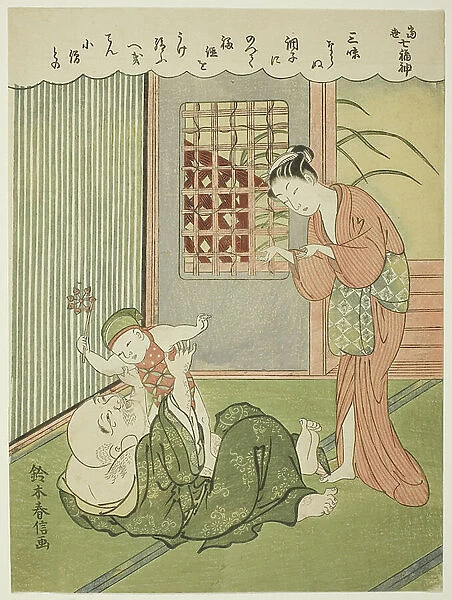 Hotei, from the series 'The Seven Gods of Good Luck in Modern Life (Ukiyo shichi fukujin)', 1c.1769 (colour woodblock print; chuban)