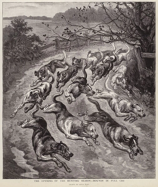 Hounds in full cry at the start of the hunting season (litho)