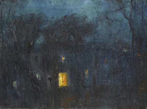 House at night with a single window lit (oil on canvas)