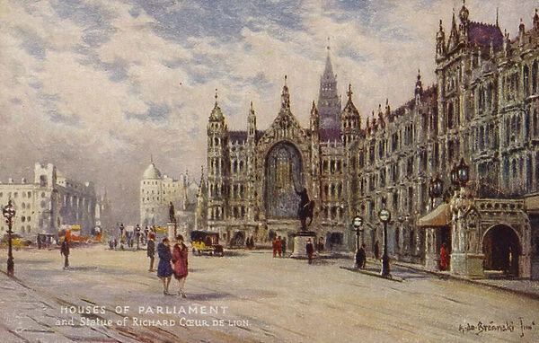 Houses of Parliament and the Statue of Richard Coeur de Lion (colour litho)