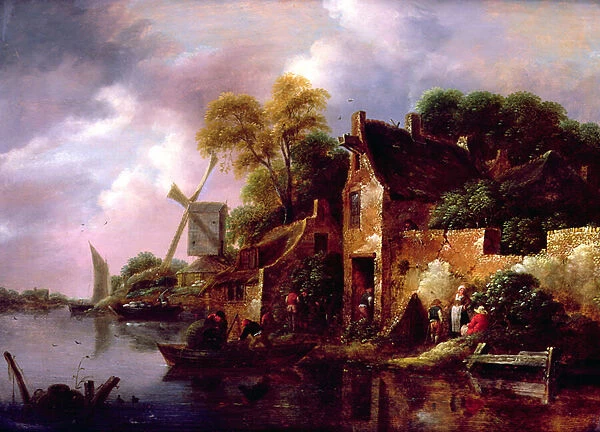 Houses and a Windmill by a River with Boats and Fisherfolk