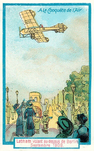 Hubert Latham flying over Berlin, September 1909 (chromolitho)