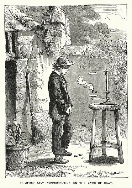 Humphry Davy experimenting on the laws of heat (engraving)