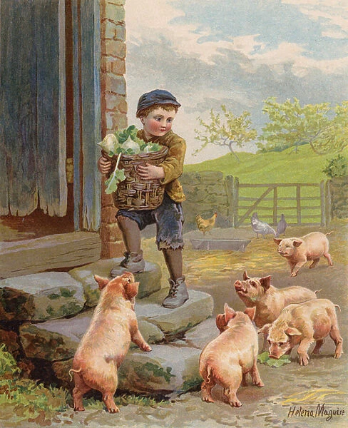 Hungry pigs watching a boy carrying a basket of turnips on a farm (chromolitho)