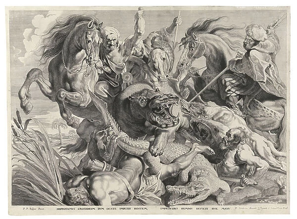 The hunt of the hippo and the crocodile (engraving)