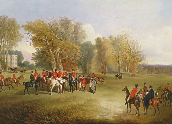 A hunt meet in a parkland with a country house (oil on canvas)