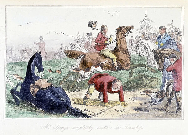 Hunter falls from his horse. English cartoon from the adventures of Thomas Scott or