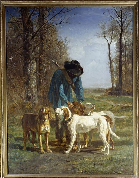 Hunter guards stop by his dogs. Painting by Constant Troyon (1810-1865), 1854