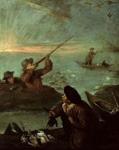 Hunters Shooting at Ducks (oil on canvas)