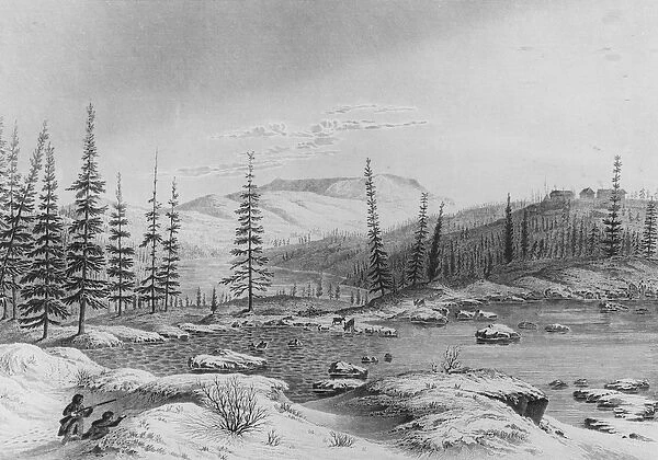 Hunters stalk caribou at Fort Enterprize on Franklins expedition, 1821 (engraving)