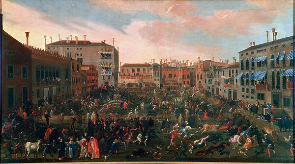 The hunting of bulls at Campo San Polo in Venice in 1648