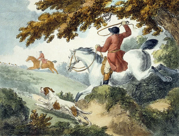 Hunting, engraved by J. Wright, 1794 (coloured engraving)