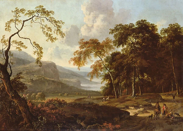 A Hunting Party in a Classical Landscape, c. 1672-77 (oil on canvas)