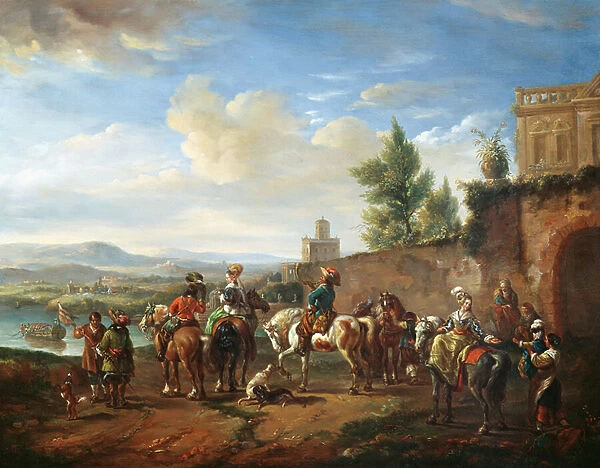 A Hunting Party by a Country House (oil on canvas)