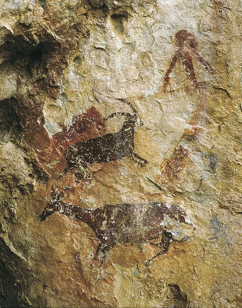 Hunting scene with a deer and an ibex (25000-15000 BC. ). Upper Paleolithic